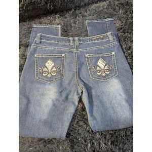 Red Rivet Juniors size 17 Skinny Jeans Blue Fleur De Lis Studded Rhinestone 420